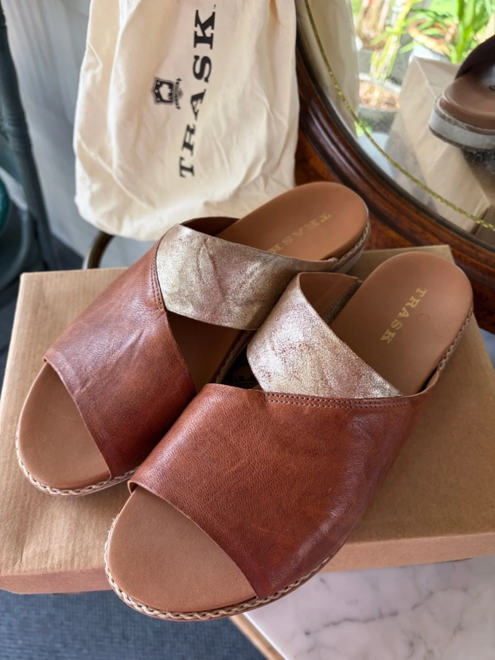 RSVD: Trask Leather Slide Sandals Brown and Metallic - Picture 7 of 10